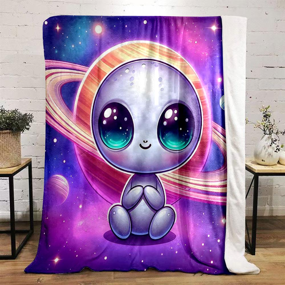 Cute Alien with Saturn Background Print Blanket Soft and Cozy Perfect for the Living Room Bed Sofa or a Nap,gift