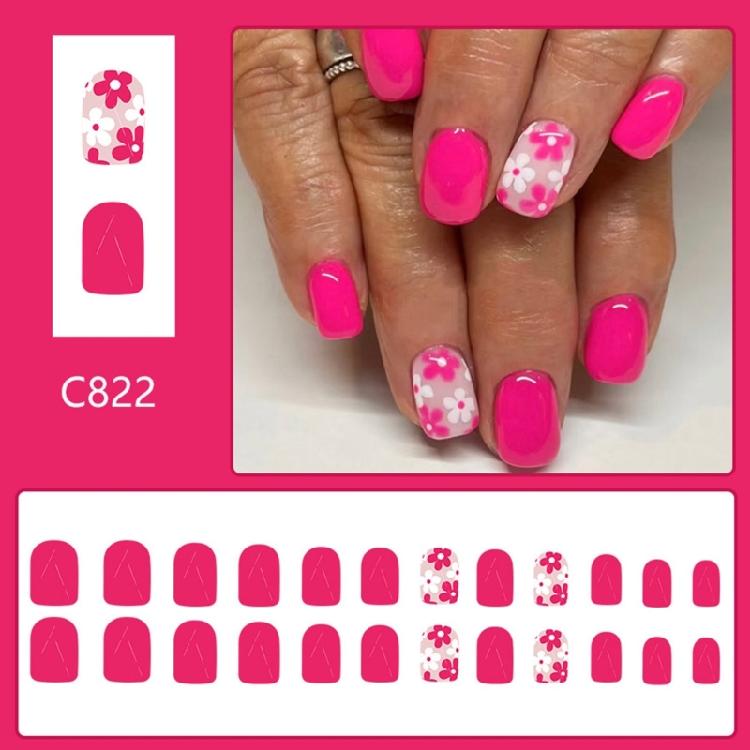 24 Pcs Press On Nail Short Square Full Cover False Nail Glossy Stick on Nail Artificial Nail with Flower Designs
