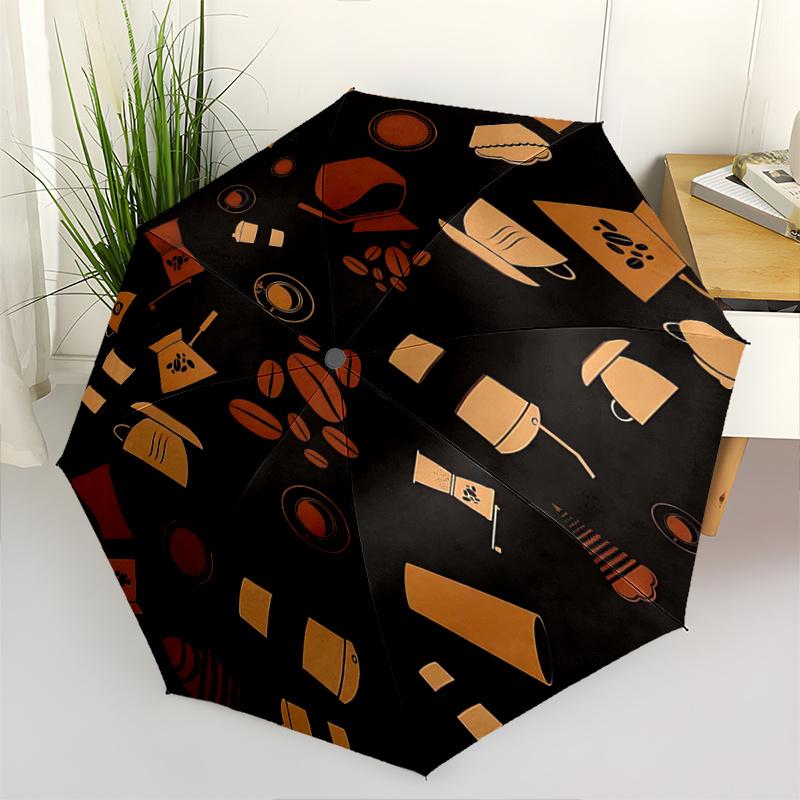 

1pc Golden Coffee Icons Automatic Opening and Closing Practical Umbrella - Lightweight 3-Fold Design, Suitable for Fans, Travel, Daily Use - Official