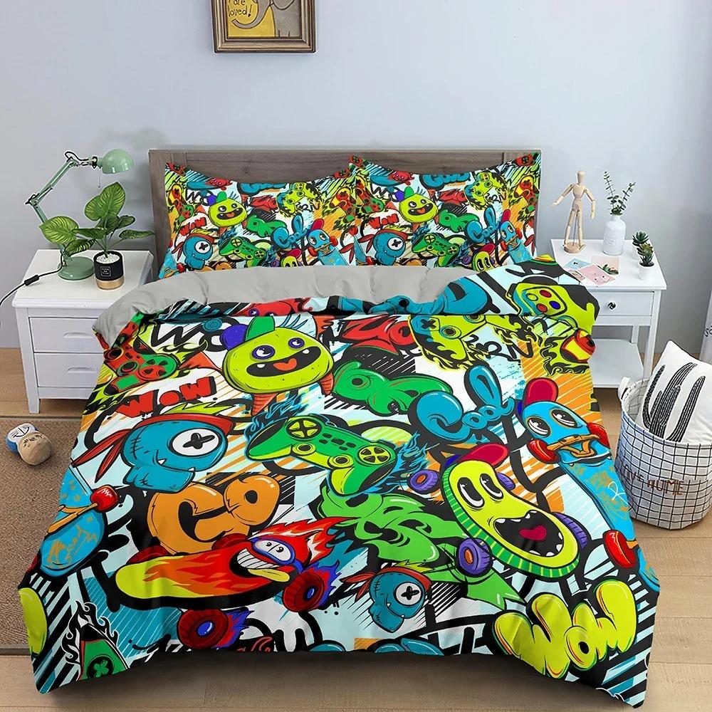 Comic Pattern Duvet Cover Queen King Cartoon Bedding Set for Boys Girls Hippie Hip Hop Rock Style Polyester Comforter Cover