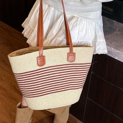 Yeni Hasır Çanta Kadın Yaz El Çantası Deniz Kenarı Tote Çanta Büyük Kapasiteli Örgü Omuz Çantası Premium Kova Çanta