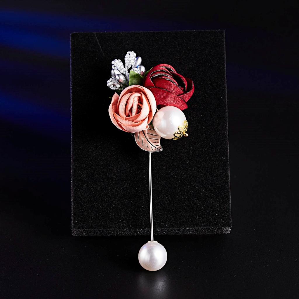 Romantic Cloth Art Fabric Rose Flower Long Needle Brooches For Women Men  Double Floral Imitation Pearl Pins Suit Jewelry