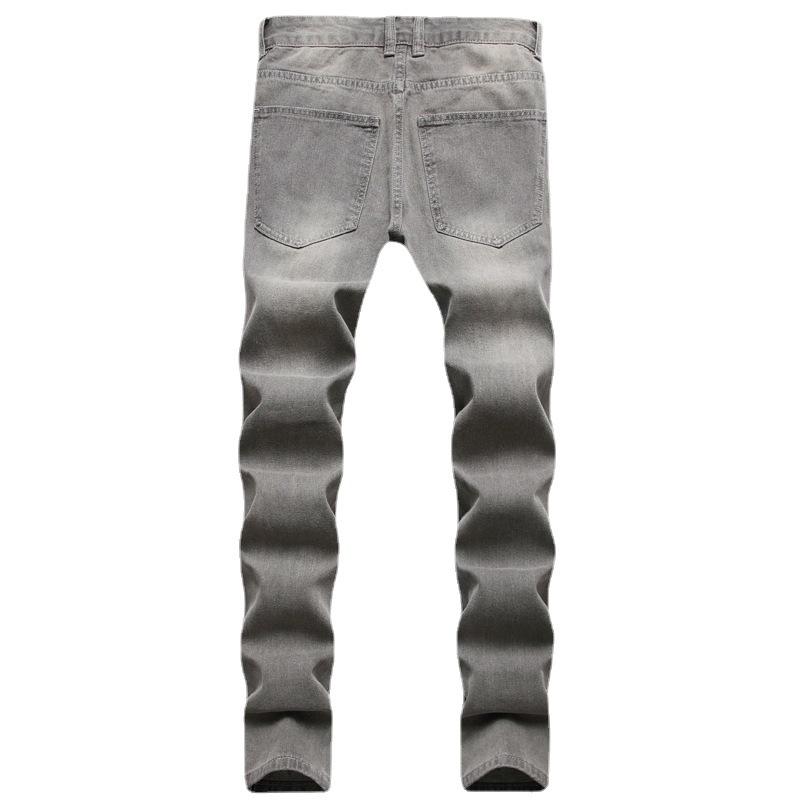 2024 European And American New Perforated Casual Gray Washed Denim Ordinary Non Elastic Mid Waist Slim Fit Pants
