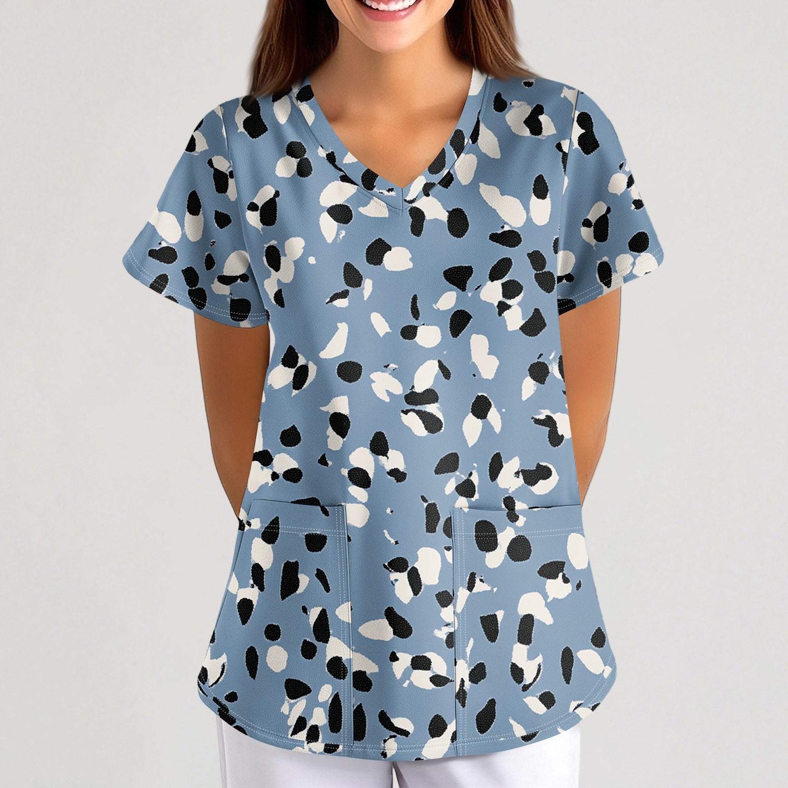 

Плюс размерСкраб с принтом Рабочая форма Топы для женщин Крест V-образным вырезом Хэллоуин Принт с короткими рукавами Забавные футболки Спецодежда Футболка с карманами XL синий