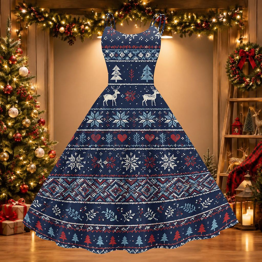 Women's Christmas Print Off-Shoulder Vintage Dress