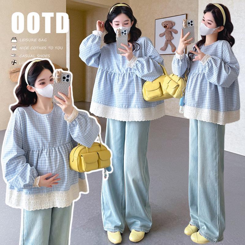 Spring 2026 Korean Plaid Patchwork Lace Loose Fit Maternity Doll Shirt XL