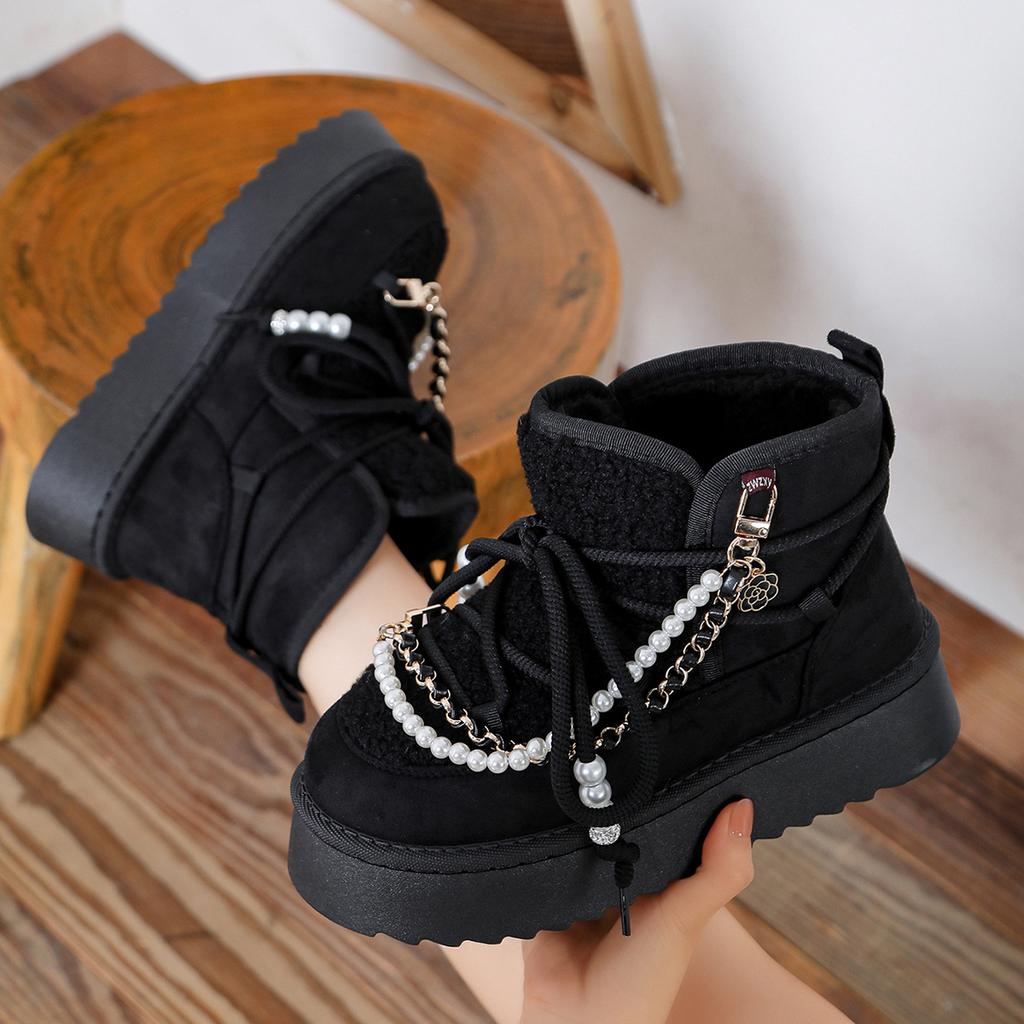 Women's Snow Boots Winter Velvet Thick-soled Short Cotton Boots Pearl Chain Decorative Warm Large Size Women's Cotton Boots