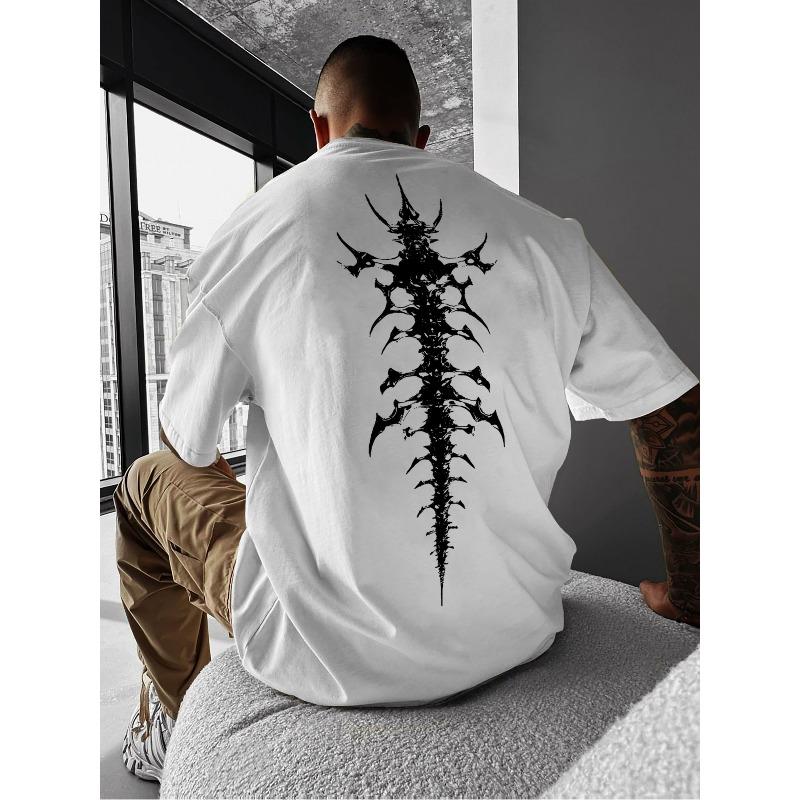 European Size Men s Gothic Geometric Print T-Shirt, Casual Street Style, Round Neck, Loose Fit S белый