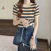 Camiseta de Verano Casual Coreana Corta y Versátil a Rayas Adelgazante Cuello Redondo Manga Corta Top para Mujer
