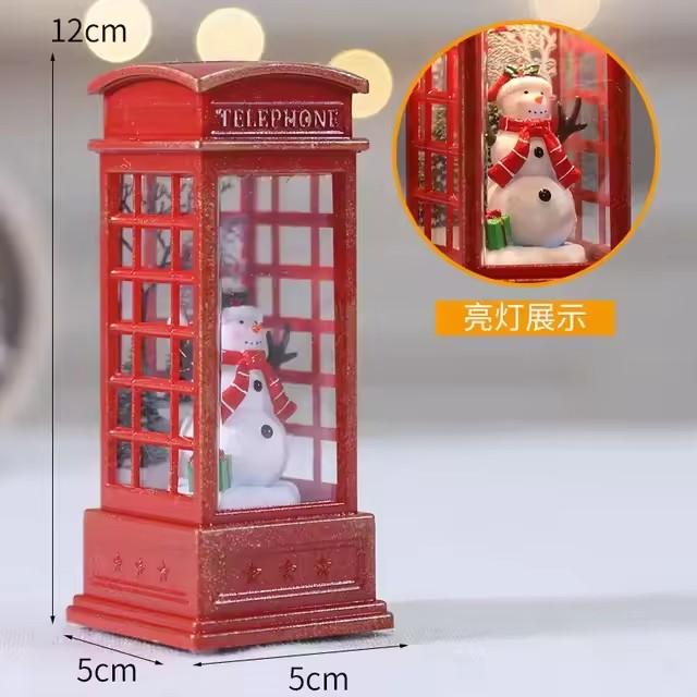 Christmas Phone Booth Decoration with Santa Claus, Snowman & Tree - Red Retro Telephone Booth Ornament With Light Home Decorator