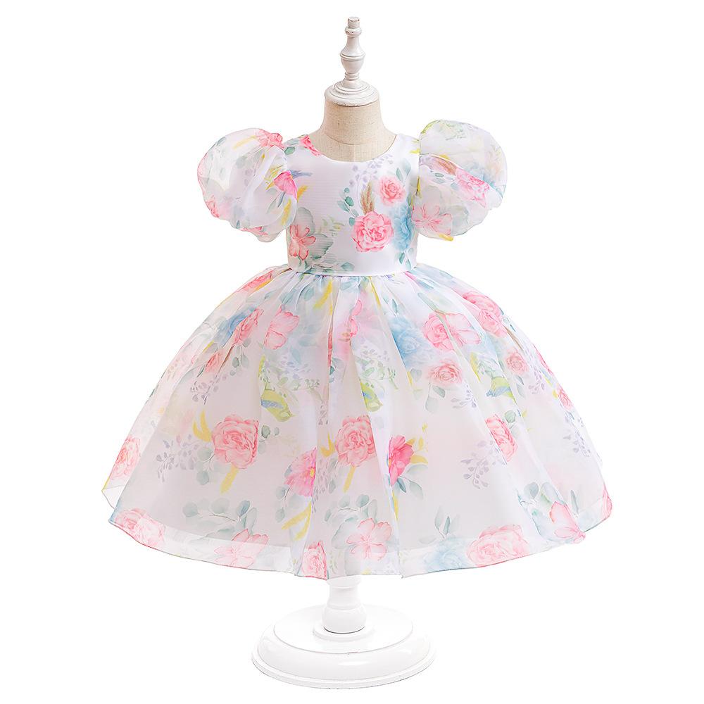 Girls' Dress  Puff Sleeve Princess Dress Children's Floral Dress Mesh Fluffy Dress