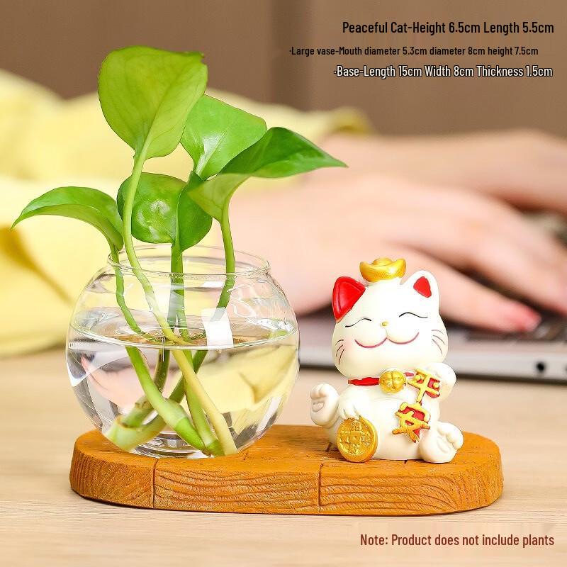 Fumaiide Lucky Cat Resin Ornament Glass Vase Set