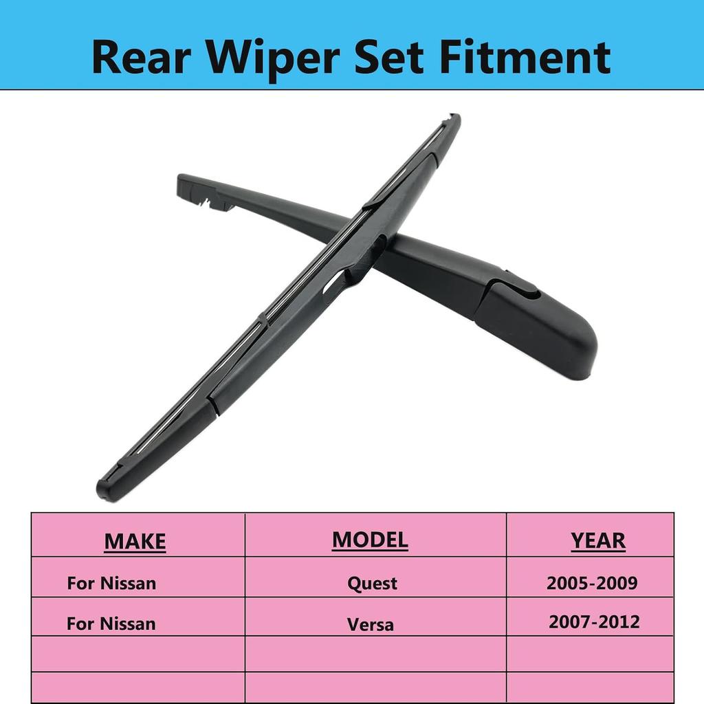 Rear Wiper Blade Arm Set Replacement for Nissan Versa 2007-2012 / for Nissan Quest 2005-2009 Back Glass Wipers, Factory OE Style Rear Windshield