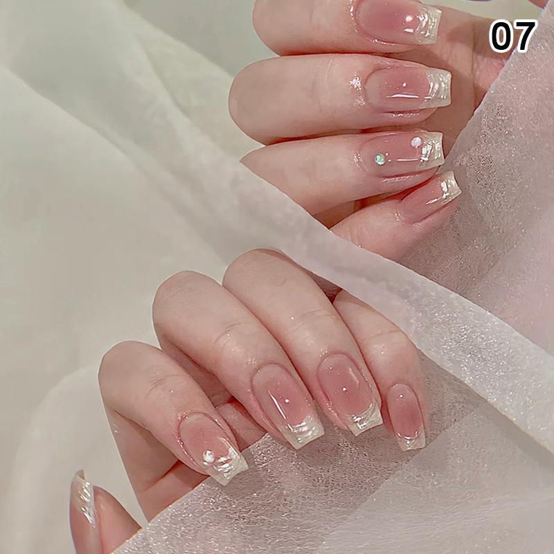 24Pcs Simple Fake Nail With Jelly Glue Butterfly Design Pink White Gradient French Press On False Nails Full Cover Nail Tips