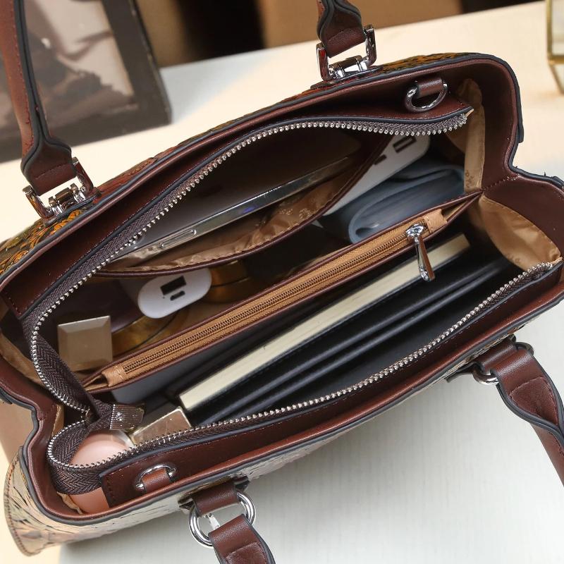 European and American Retro Flower Pattern Mature Women's Handbag Luxury PU Leather Tote Bag Commuter Bag