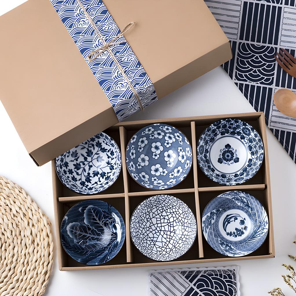 Japanese Style Ceramic Cereal Bowls,10 Ounces Salad,Soup,Rice Bowl Set,Blue and White (4.5 Inch)