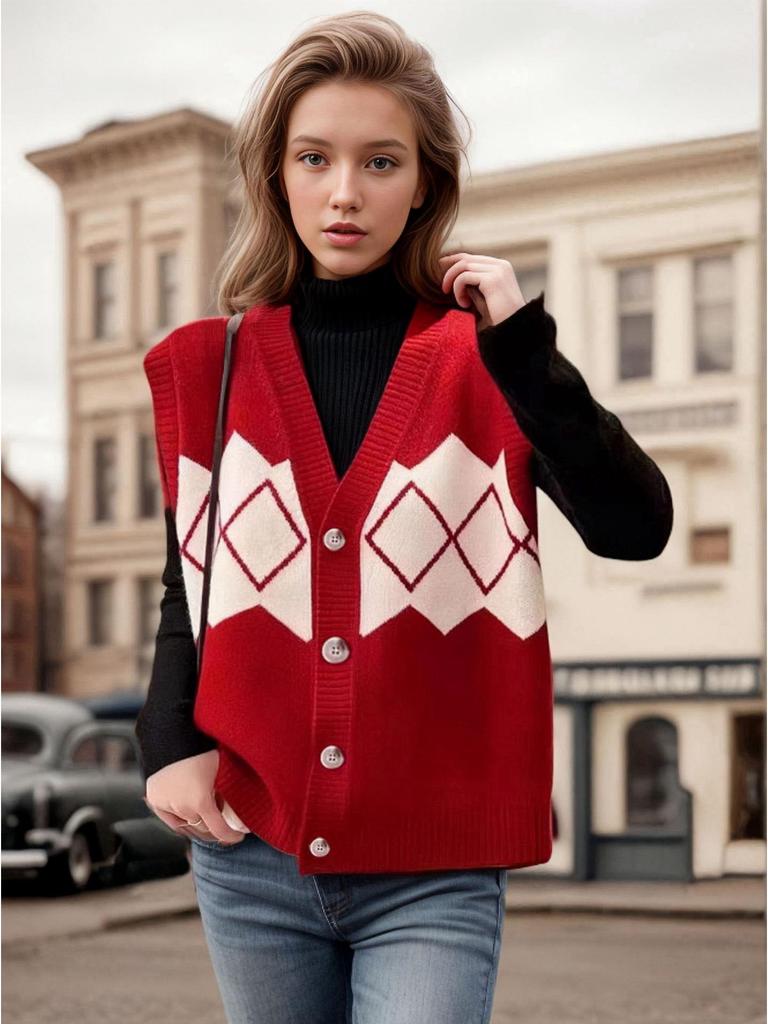 European & American V-Neck Color Block Sleeveless Vest for Autumn/Winter