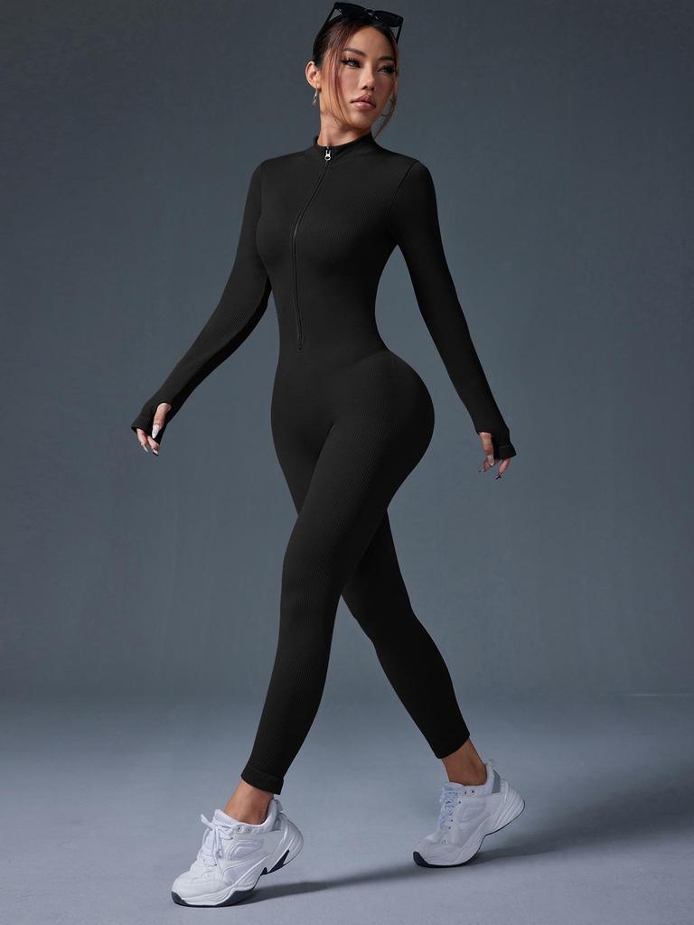 European-Style One-Piece Sport Jumpsuit for Women with Zipper, Stand Collar, Long Sleeves, Thumb Holes, Hip Lifting, and Tummy Control