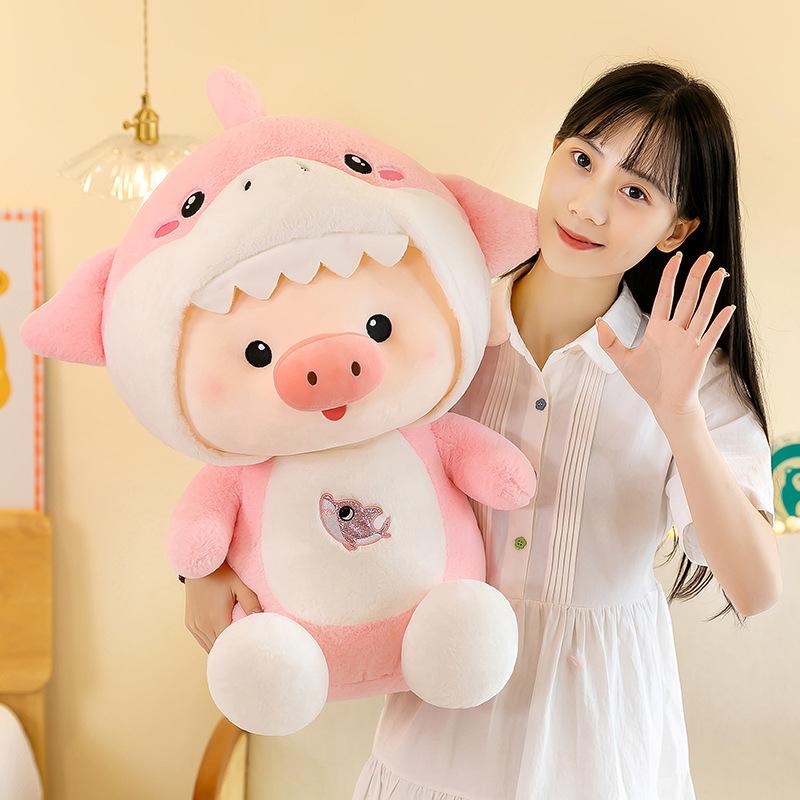 Transform Into A Shark Pig Doll Girl Sleeping In Bed Holding A Rag Doll Plush Toy Large Doll Birthday Gift