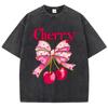 Pink Bow Cherry Prints Washed TShirts Womens Cotton Oversized Tops Distressed ONeck Comfortable T Shirts Summer Woman Clothes