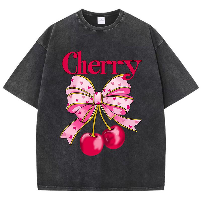 Pink Bow Cherry Prints Washed TShirts Womens Cotton Oversized Tops Distressed ONeck Comfortable T Shirts Summer Woman Clothes