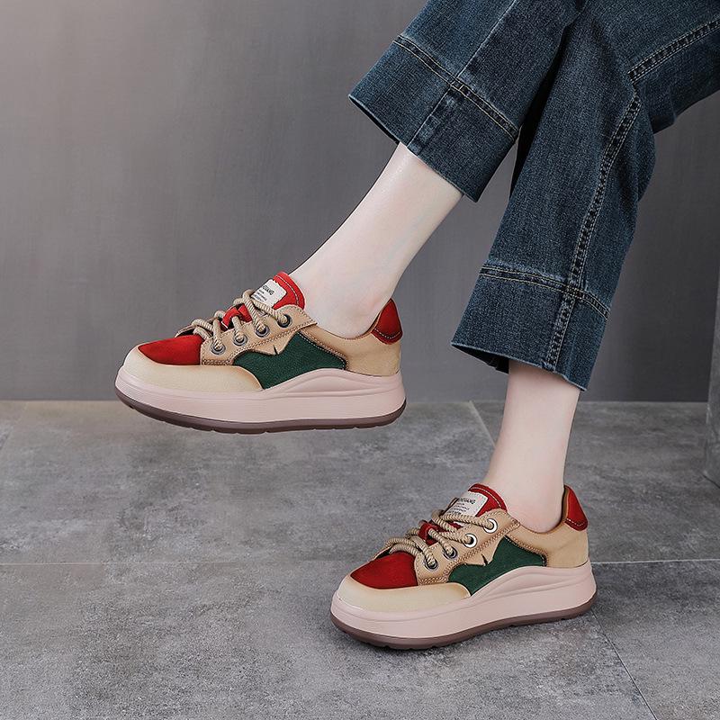 Autumn Women's Thick Sole Genuine Leather Lace-up Casual Shoes - Colorblock Low-top Spring Design