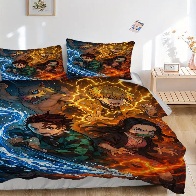 3pcs Demon Slayer Four Elements Printed Bedding Set, Soft and Comfortable Quilt Cover for Bedroom, Guest Room .H023