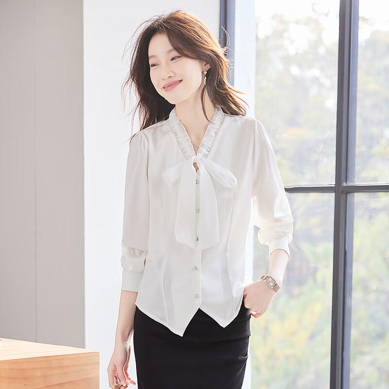 Troloman Women's V-Neck Bow Tie Long Sleeve Blouse