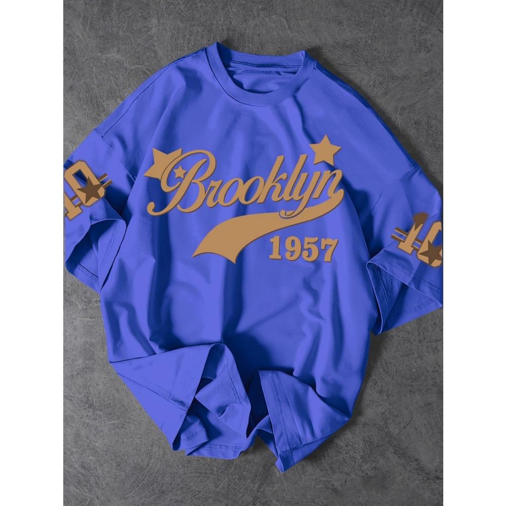 Fashionable Men's Summer 1957 Letter Printed Breathable Round Neck T-shirt Outdoor Urban Casual Top