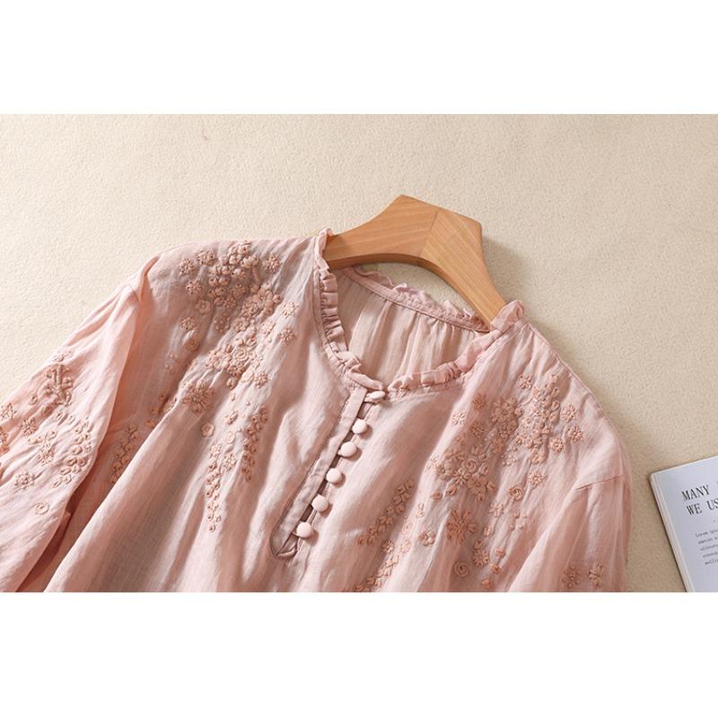 Summer Literary Loose Embroidered Flower V-neck Five-point Sleeve Shirt Women's Shirt Top