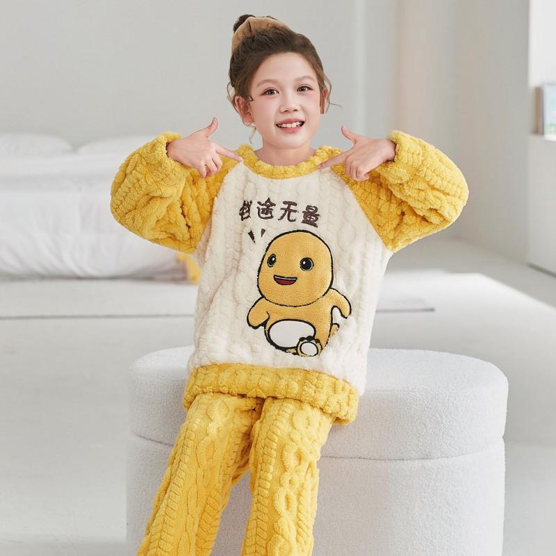 Girls Coral Fleece Pajama Set With Hooded Cartoon Character Design Winter Warm Sleepwear Kids 8 Years