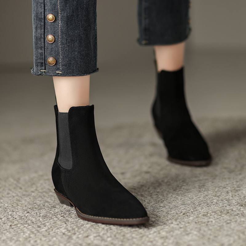 Krazing Pot Piele intoarsa de vaci iarna varf rotund gros tocuri joase cizme chelsea in crestere femei marime mare 41 botine la glezna