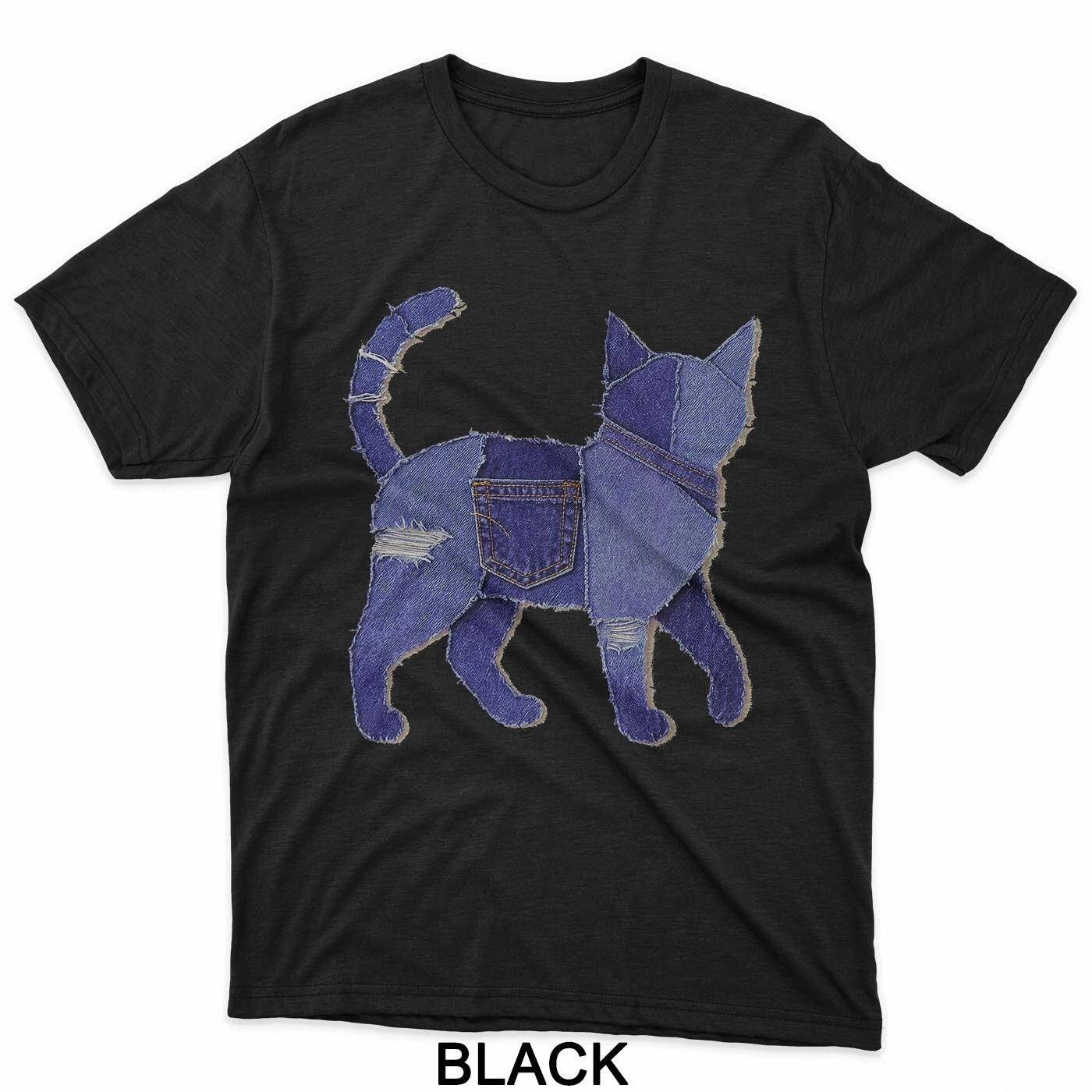 Retro Funny Cat Pattern Denim Patchwork Art Cat Lover T-Shirt 2XL