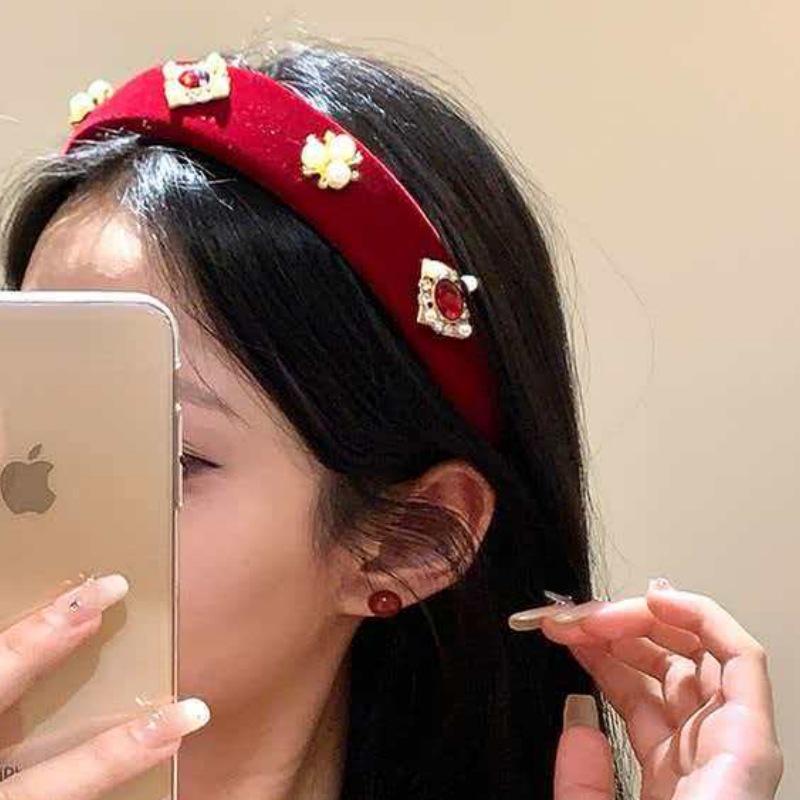 New Year Limited: Red Velvet Pearl Headband - Slimming, Stylish High Skull Top for Women