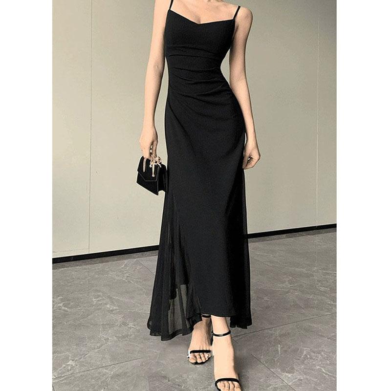 

Summer V-Neck Spaghetti Strap Dress for Women Sexy Backless Waist-Tight Party Dresses Woman Elegant Black Sheer Midi Dress XL чорний