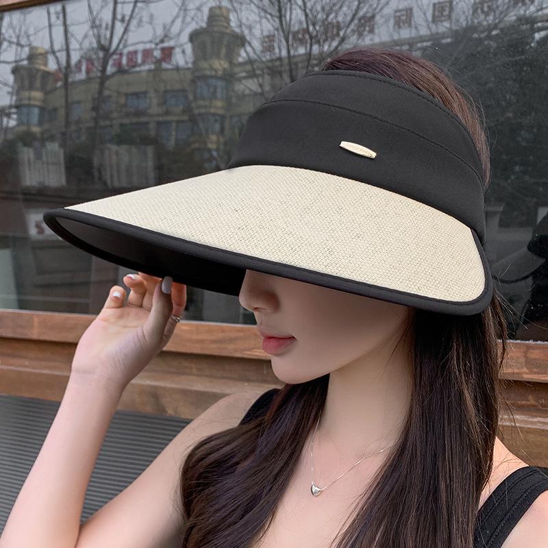 Straw enlarged brim vinyl empty top hat children spring and summer leisure outdoor face covering sun protection hat versatile bucket hat