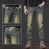 Men's Retro Yellow Slim Straight-Leg Distressed Jeans for Fall/Winter