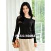 Basic House Damen schulterfreies Langarm-Schmal geschnittenes T-Shirt