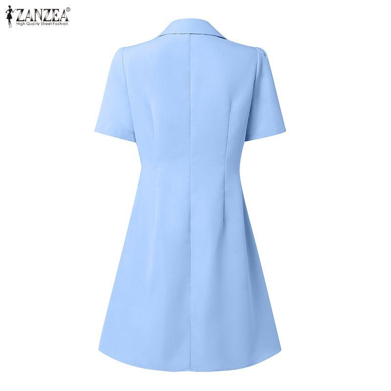 ZANZEA Women Casual Turn Down Collar Short Sleeve Pleated Dress