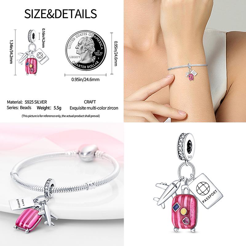 Copper Fashion Travel Airplane Luggage ThreePiece Set Charm Bead Charms Ideal For Women Authentic Bracelets Pendant Do It Yourself Jewellery