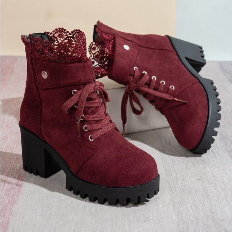 

Обувь больших размеров, На высоком каблуке, Модные ботильоны на толстом каблуке, Женские ботильоны на шнуровке с круглым носком и молнией сзади 43 красный