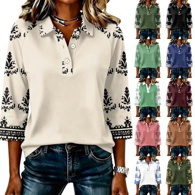 Women's Casual 3/4 Sleeve Patchwork Printed Top Button Down Collar Loose Fit Blouse for Everyday Wear