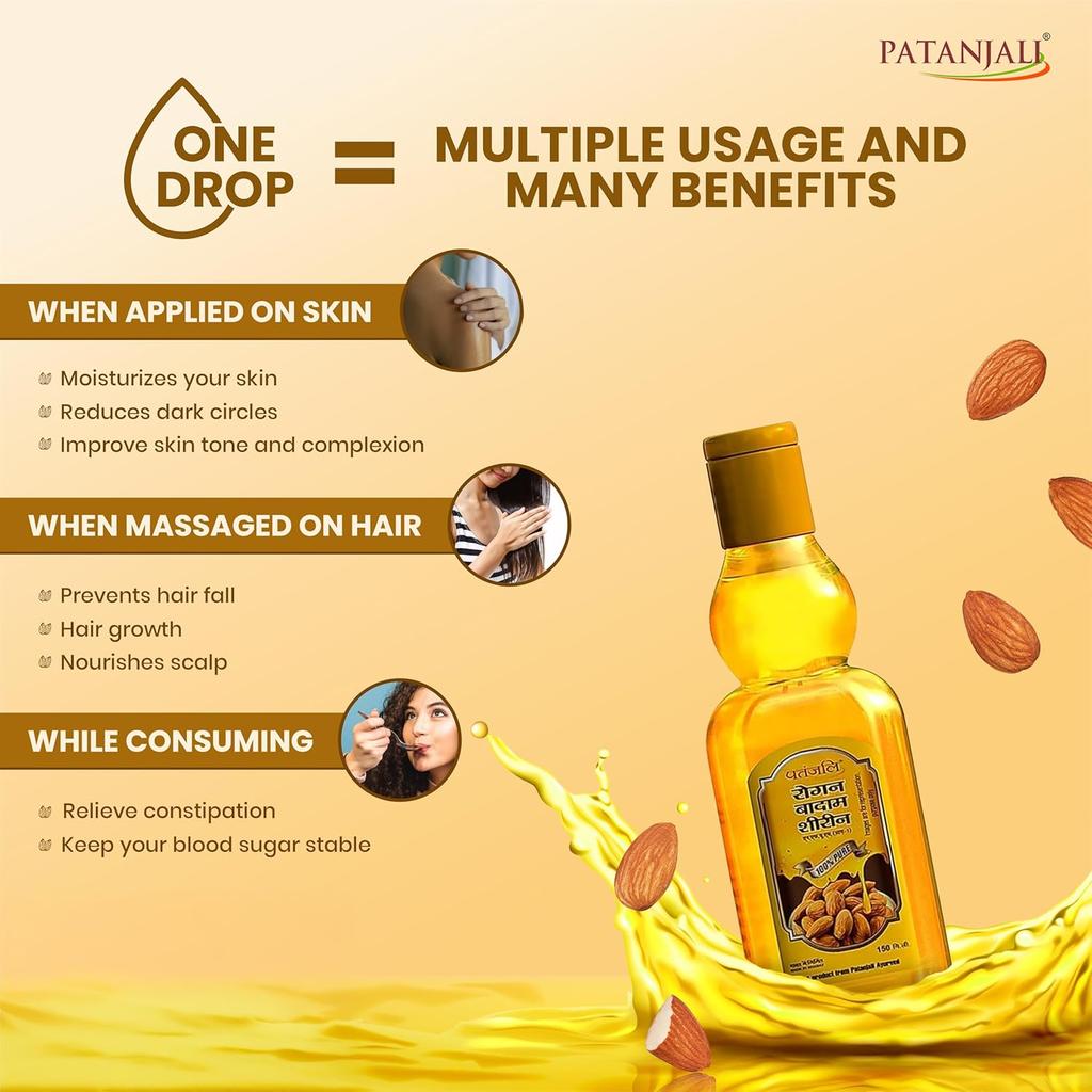 Patanjali Rogan Badam Oil 150ml Pack of 1 – Pure Almond Oil for Hair and Skin Care Nourishment