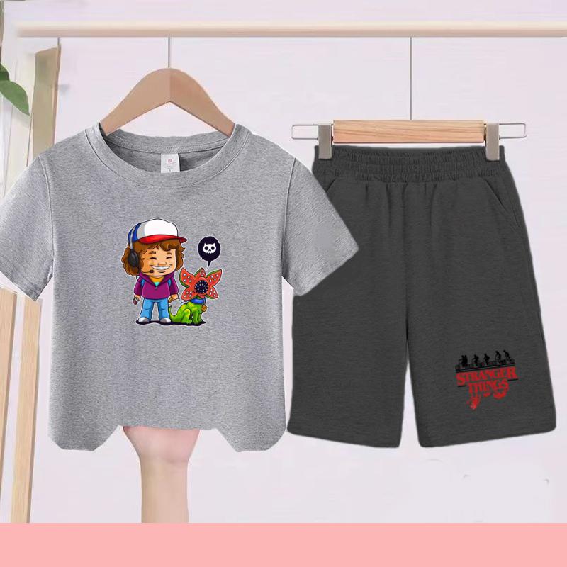 Children's Summer Set with Cartoon Monster Patterns - Boys' and Girls' Sports T-shirts and Casual Short-sleeved Shorts Sets