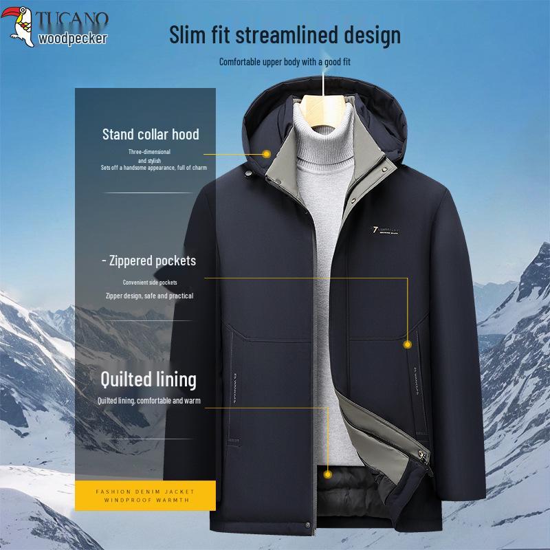 Woodpecker Men's Warm Hooded Cotton Jacket - Winter 2025 Fleece-Lined Thick Coat