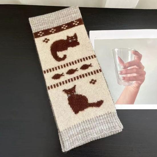 Women Scarf Cartoon Cat Design Arctic Fleece Warm Soft Universal Size Long Scarf Casual Clothing Accessory