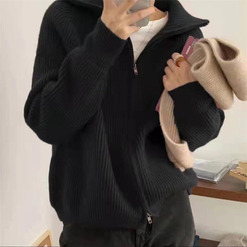 

Women s 2024 Korean Retro Zip-Up Knit Cardigan: Autumn/Winter Loose Casual Turn-Down Collar Sweater One Size
