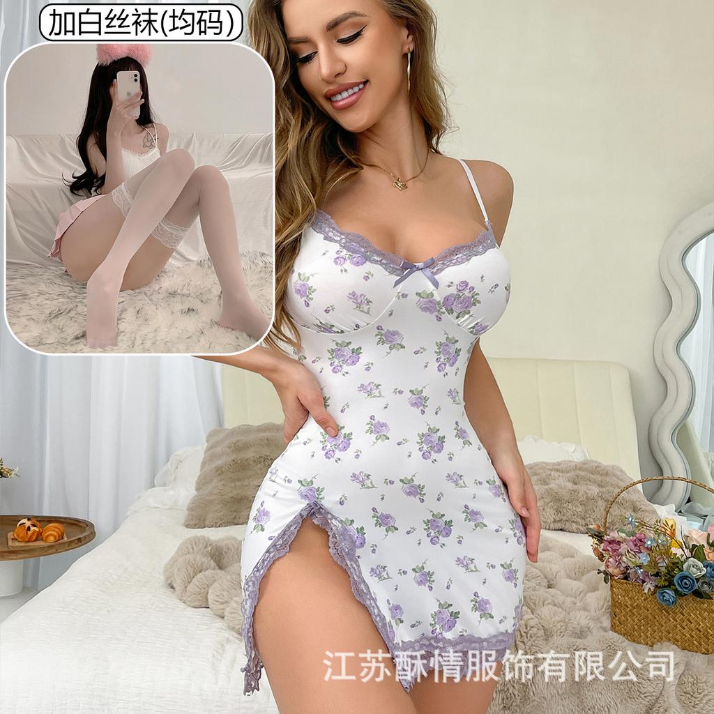 Crispy lingerie small floral splicing lace sexy low-cut European and American style casual split hip skirt nightdress