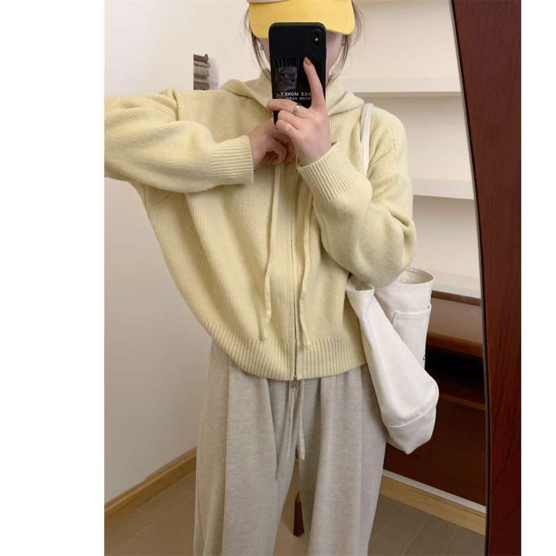 Autumn and Winter Korean Style Zipper Hooded Sweater Cardigan Jacket Women's Loose Fashion Knitted Top