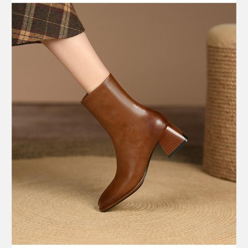 2025 Ankle Boots for Women Leather Square Toe Side Zipper Retro Style Chunky Heels Women Boots Short Boots Women  D263